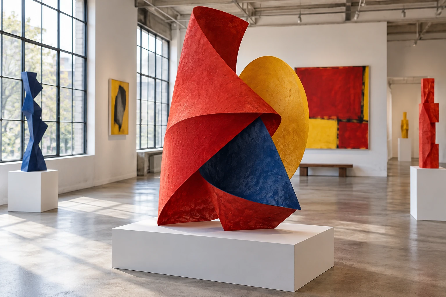 原色の立体作品を展示する現代アートスタジオ