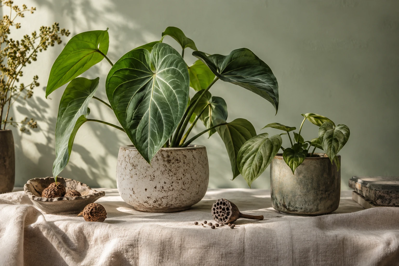 葉脈の美しい植物と種子を並べた植物スタジオ