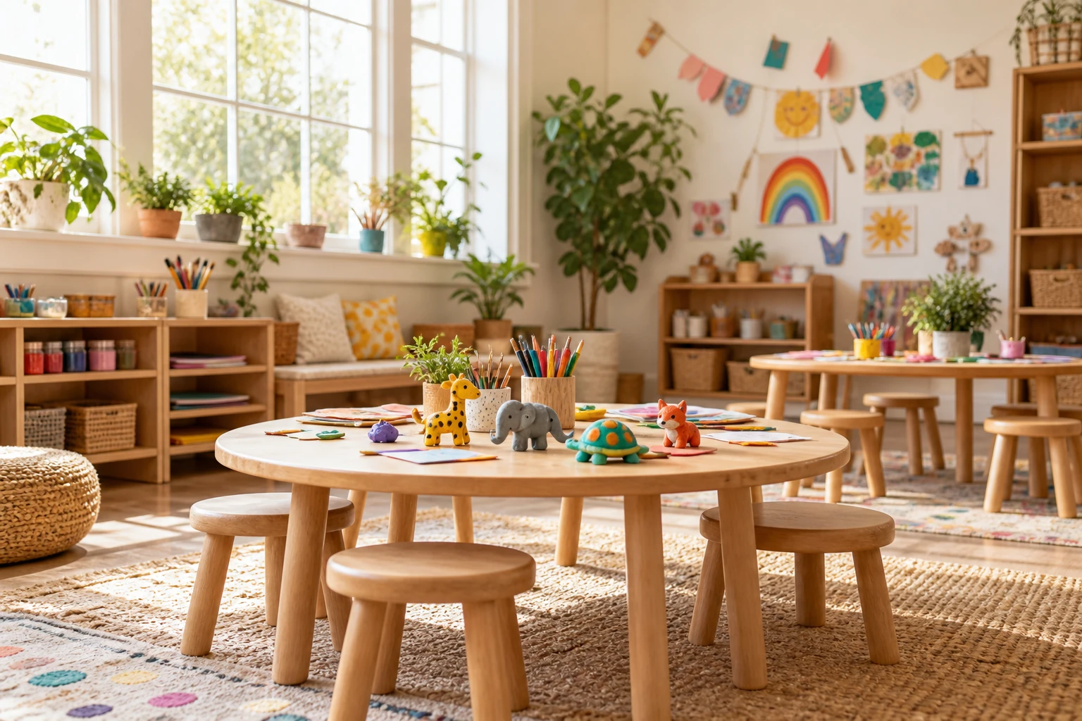 色鮮やかな粘土と低い木の机がある創作教室