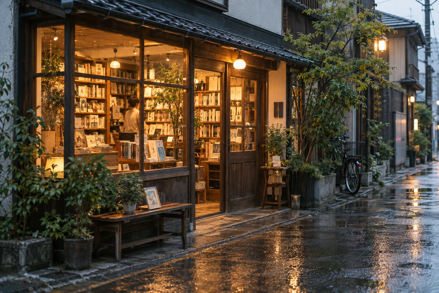 雨上がりの通りに灯る小さな書店