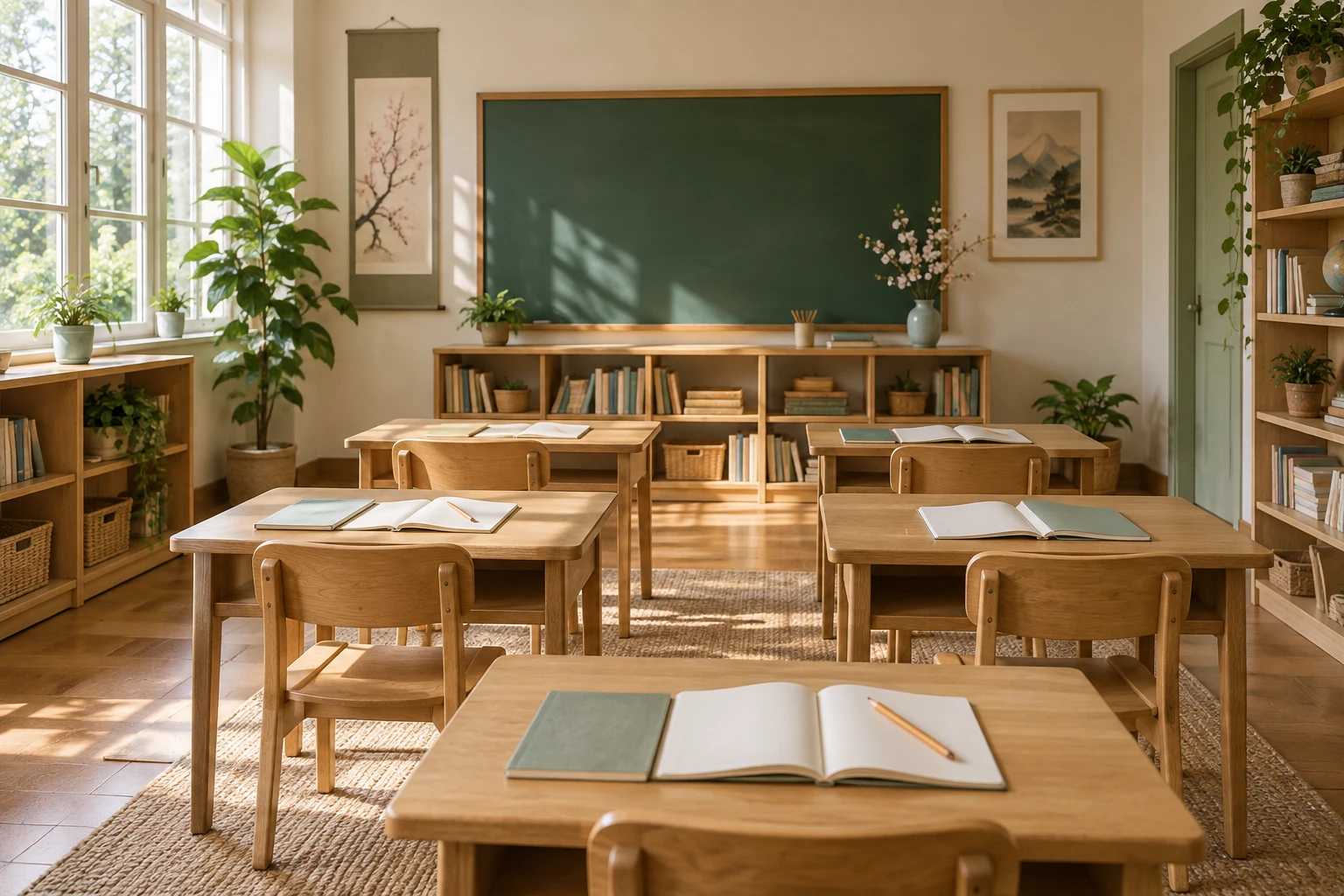 木の学習机と本棚が並ぶ明るい小さな教室